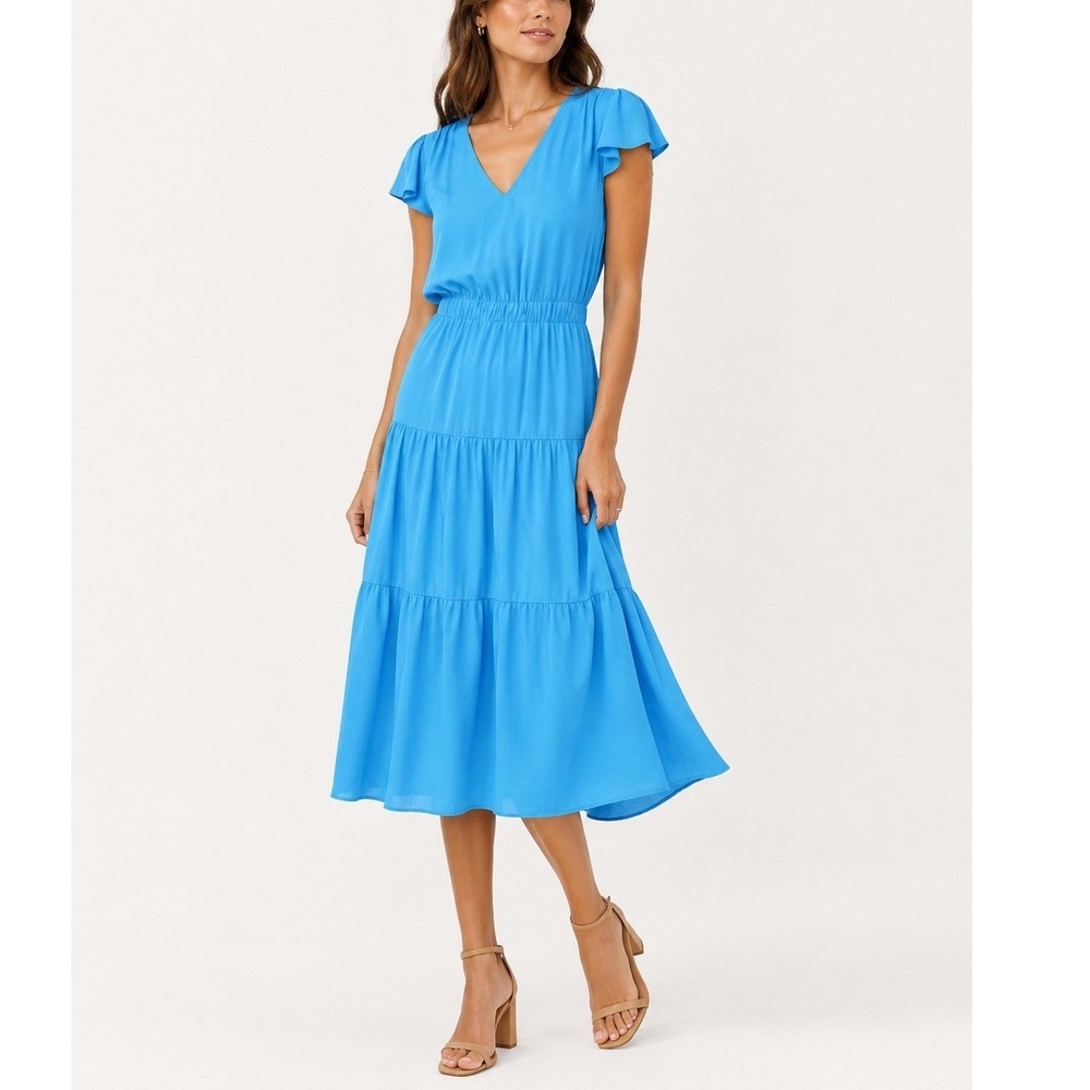 Amanda Uprichard Meredith Dress Blue V Neck Flutter Sleeve‎ Tiered Midi Small